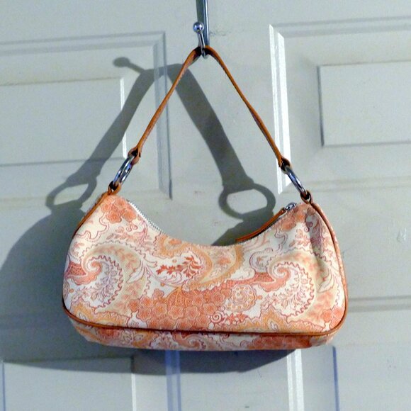 BANANA REPUBLIC Pink/Coral Cotton w/Leather Trim Zippered Small Handbag/Purse - Picture 2 of 16